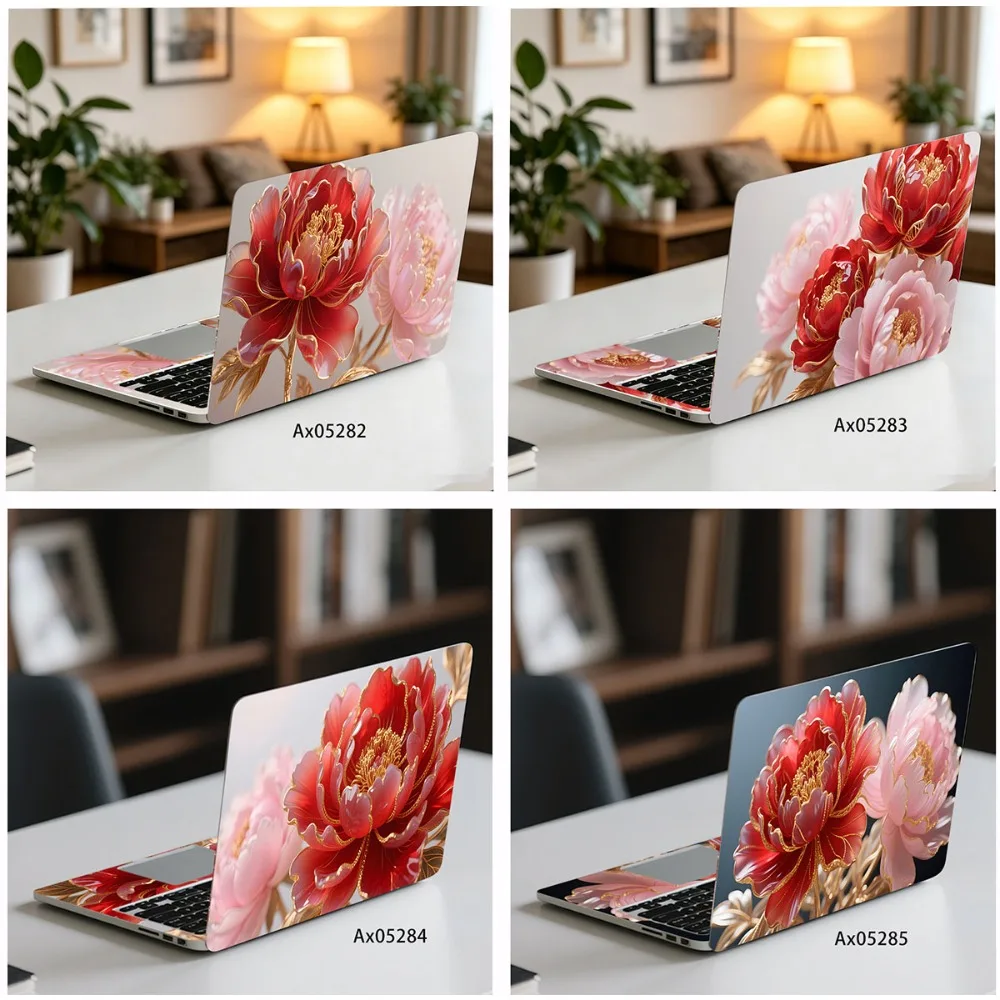 Golden Line Red Peony Floral Laptop Skin Anti Scratch Protective LaptopsStickers for Universal MacBook Cover Art Mural Decals