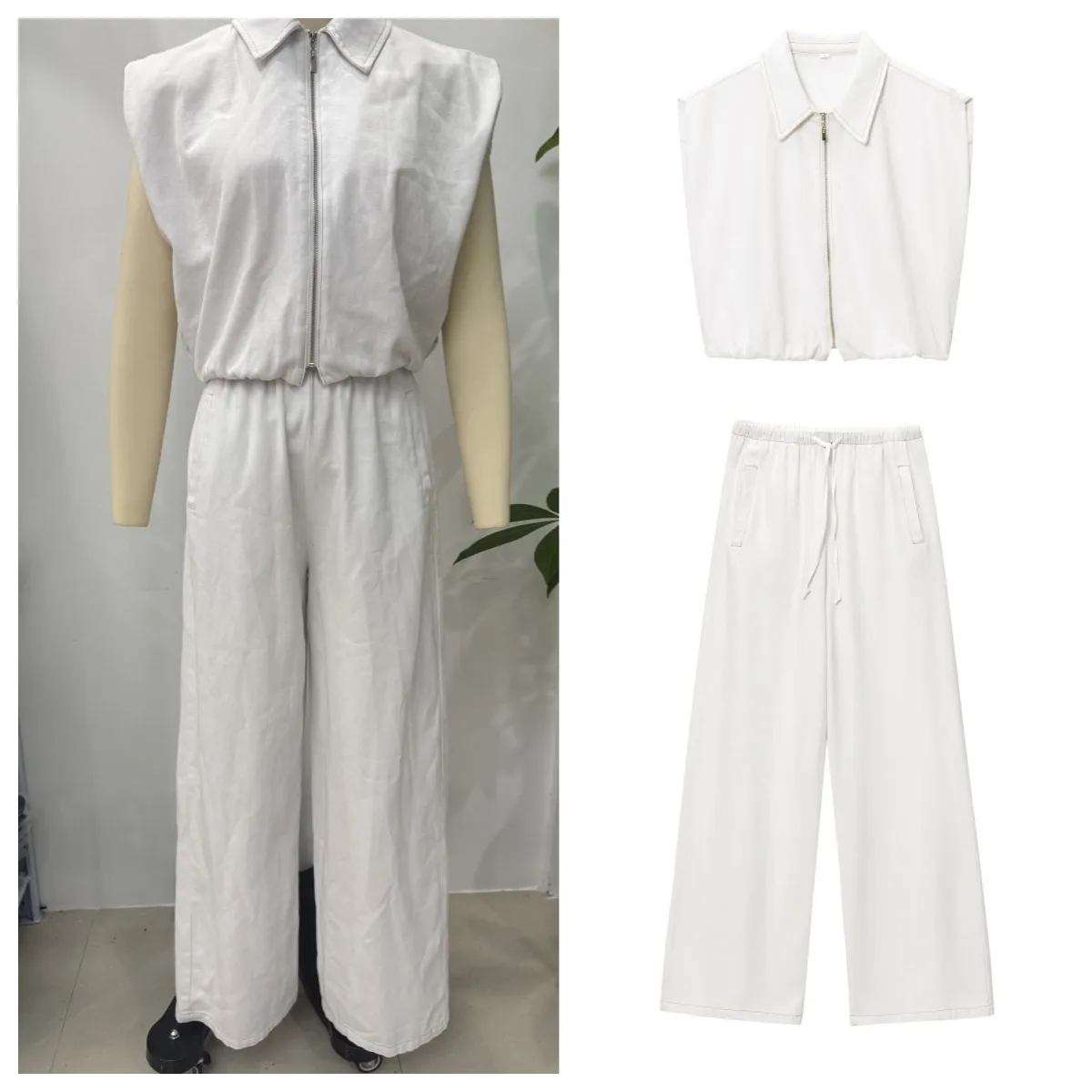 

ETJ2025 new product women's tie-down decorated stretch hem wide-shoulder sleeveless vest top & jogging style straight jeans