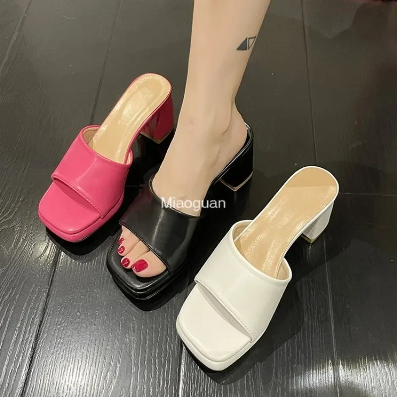 Ladies Shoes 2024 New Summer Solid Peep Toe Slippers Square Heel Fashion Women's High Heels Square Toe Sandals Large Size 45 46