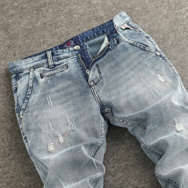 Designer Fashion Men Jeans High Quality Retro Light Blue Stretch Slim Fit Painted Ripped Jeans Men Vintage Denim Pants Hombre