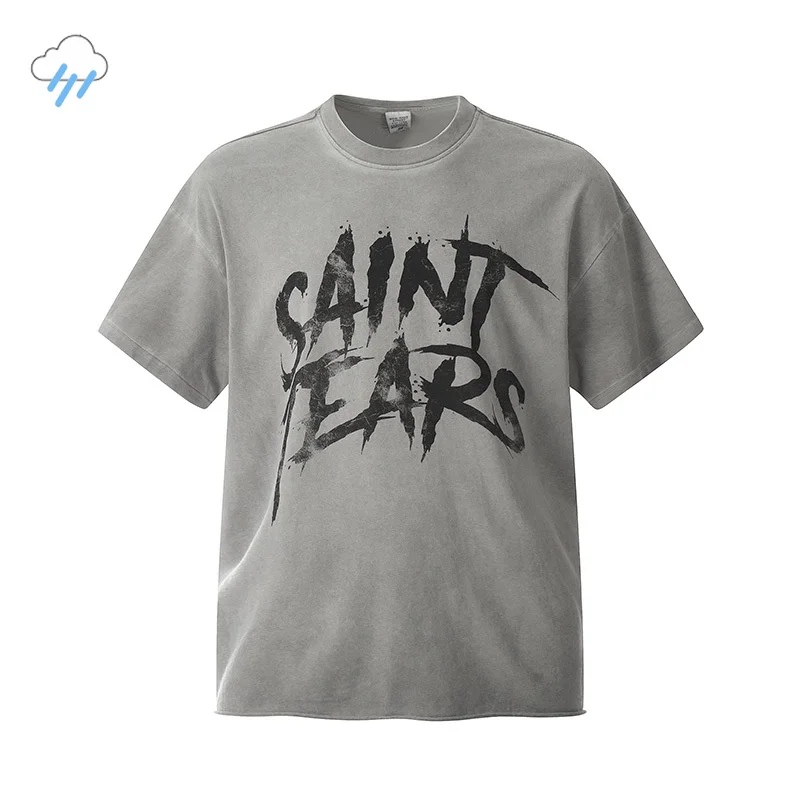 

2024 Summer Letter Logo Graffiti Print Saint Tears T-Shirt Men Women Couple Casual Fashion T Shirt Vintage Washed Gray Tee Top