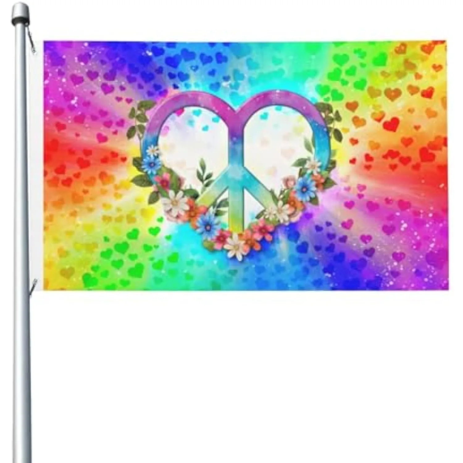 Peace Sign Heart Rainbow Tie Dye Flag Hippie Garden Banner Outdoor Decoration