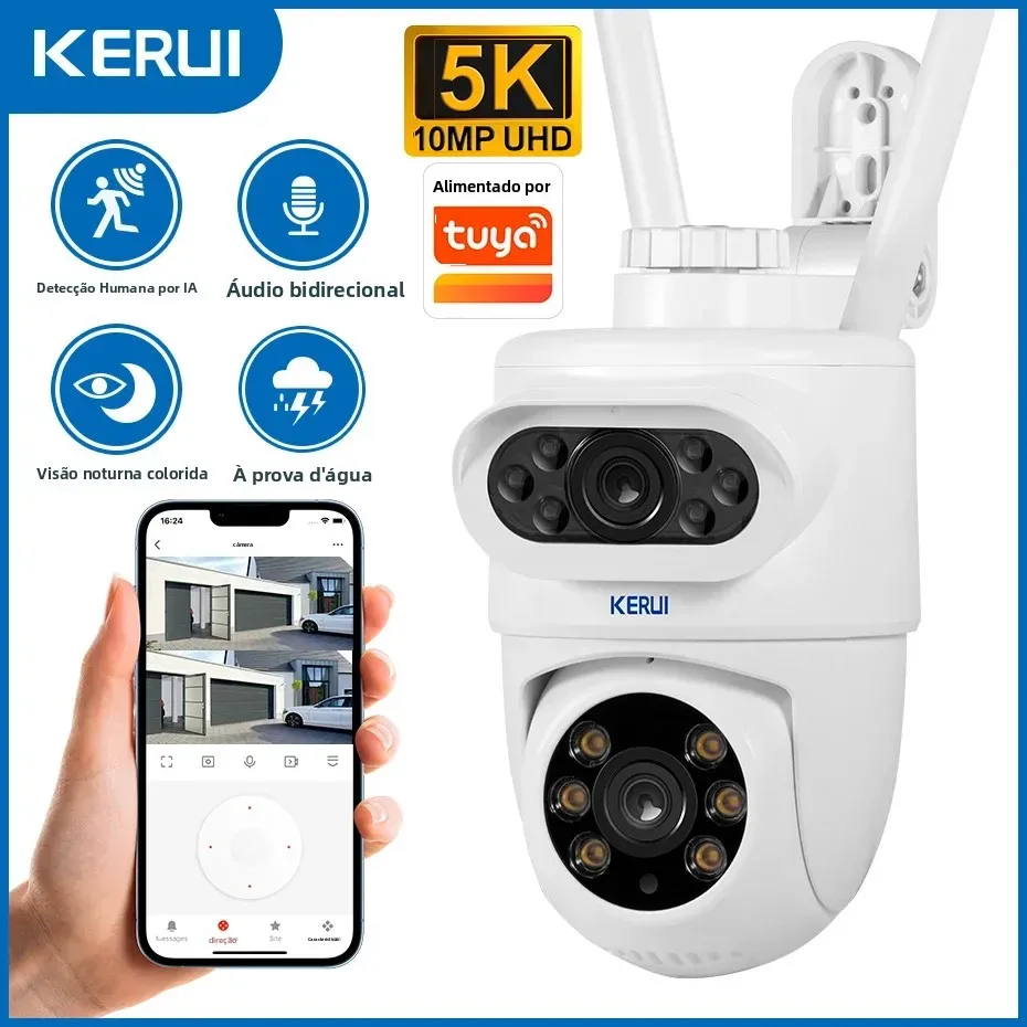 Câmera IP WiFi KERUI Externa 10MP 5K HD com Lente Dupla PTZ Sem Fio para Segurança Residencial e Vigilância por Vídeo, Compatível com Tuya Smart