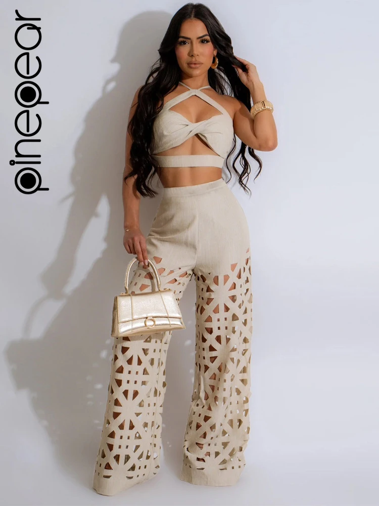 

PinePear 2024 Women's Set Halter Strapless Crop Top and Hollow Out Wide Leg Pants Summer Two 2 Piece Set Beach Holiday Outfits