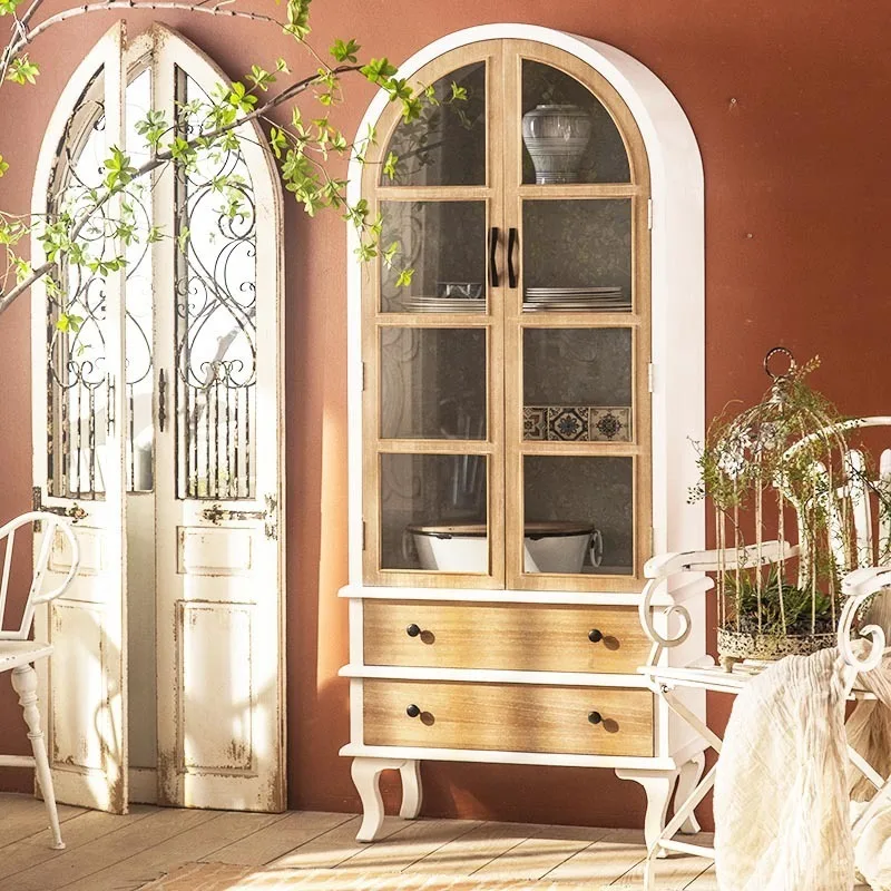 

Solid wood bookcase Floor-to-ceiling household arched glass door storage cabinet Living room wine cabinet Locker Chen