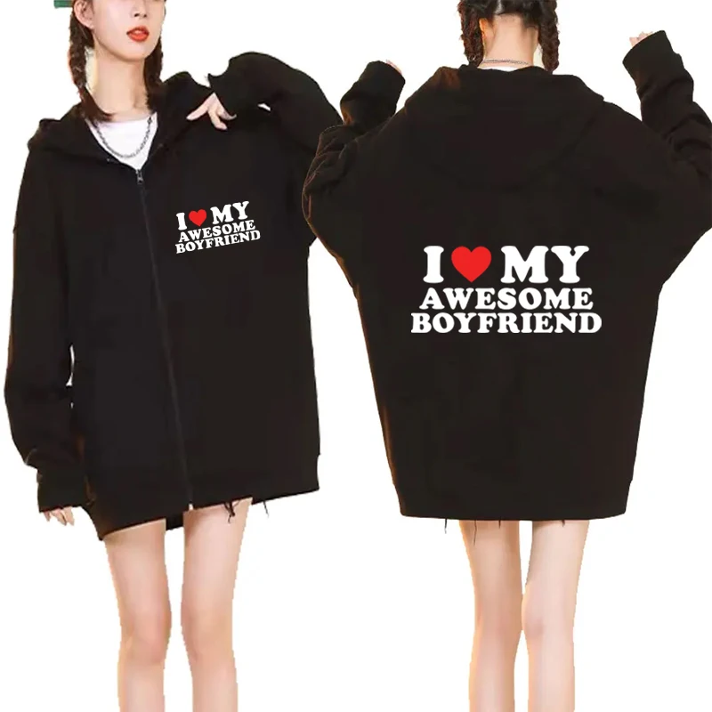 I LOVE MY AMESOME GIRLFIEND Shirt Hoodie Letter Print Women Men Casual Sweatshirt Oversize Zip up Y2k Hoody Jacket High Street