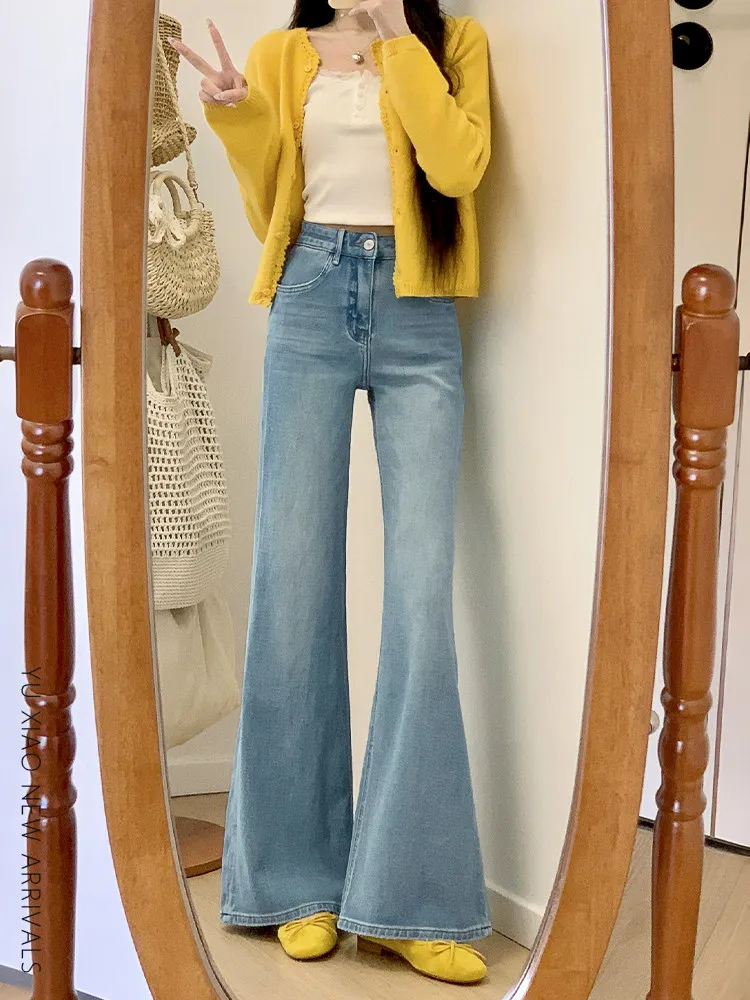 Light Wash Loose Women's Jeans High Waist Cotton Stretch Denim Spring New Style Pear Shape plus Size Wide Leg Pants