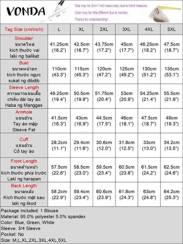 VONDA-Chemisier élégant pour femme, chemise imprimée bohème, tunique de bureau, mode décontractée, manches 2024, automne, 3/4