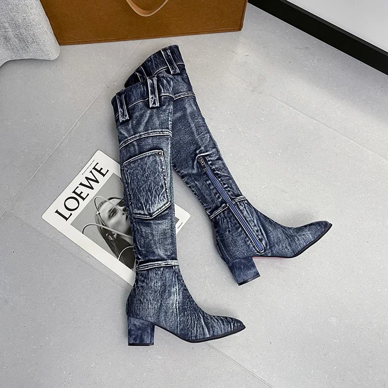 Buty damskie 2022 jesień Sexy Jean buty kobiety kolana wysokie buty Zip szpilki stylowe dżinsy buty damskie Denim Boot kowbojki