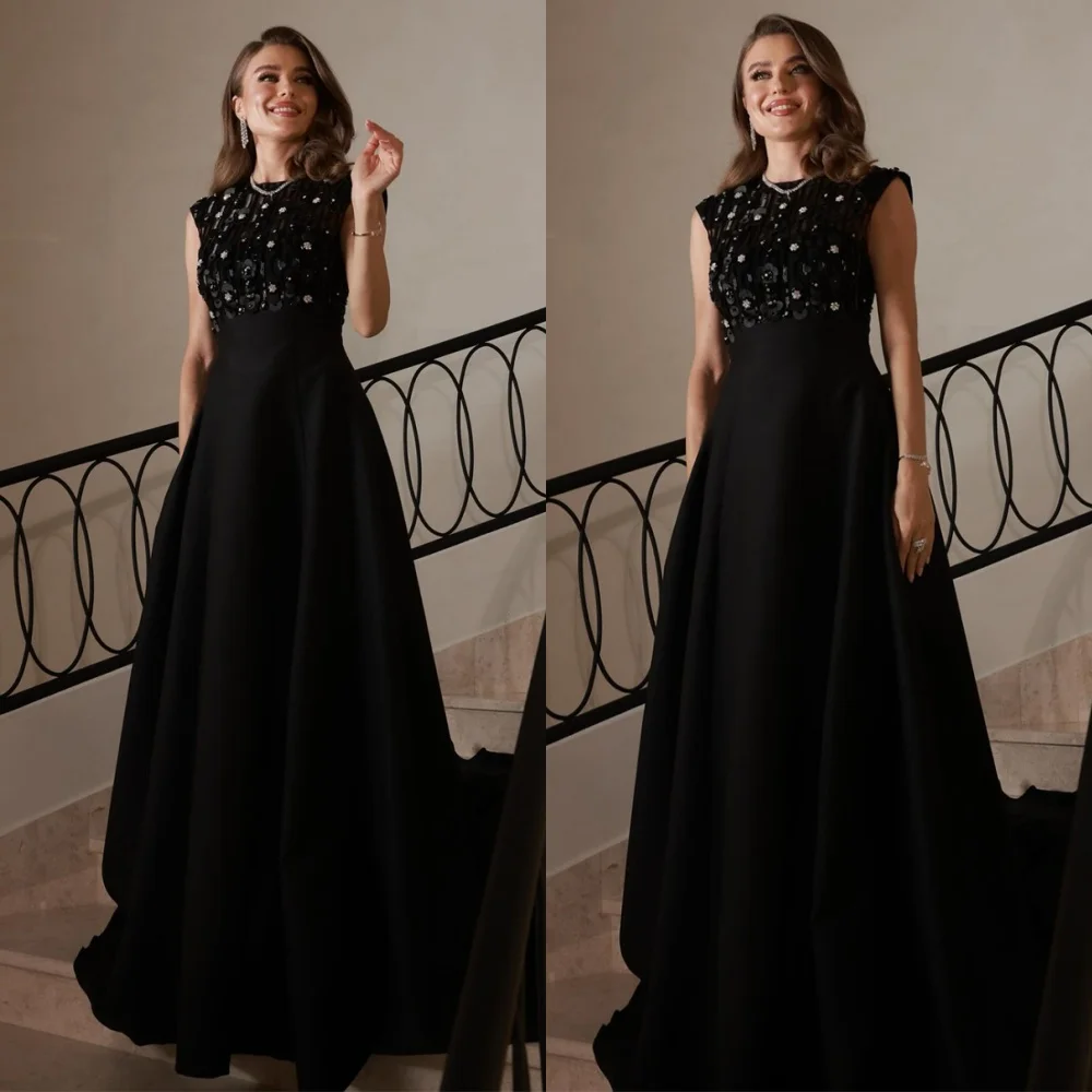 

Customized Formal Black Jersey Homecoming Dress Classic Crew Neck Cap Sleeve Sleeveless Pearls Appliques Zipper Back Prom Dres