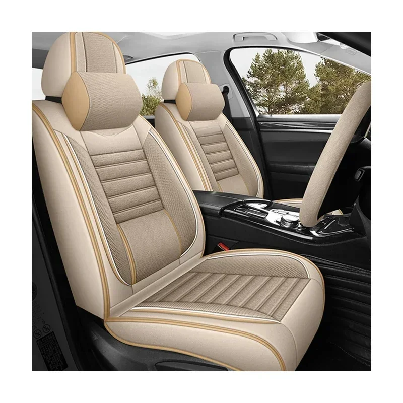 4 Pc Luxury Universal Full Set PU PVC Leather Breathable Cotton Linen Car Seat Cover