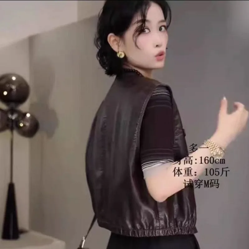 Women's Retro PU Vest Short Versatile New High-end Internet Celebrity Korean of Fashion Casual Locomotive Vest Jacket Outside