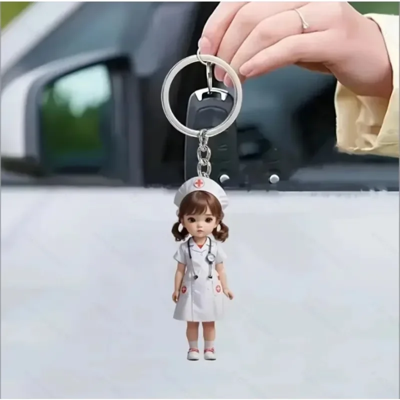 New 2D Flat Doctor Nurse Acrylic Keychain Car Rearview Mirror Backpack Hanging Car Keyring Pendant Decoration Ornament Gifts