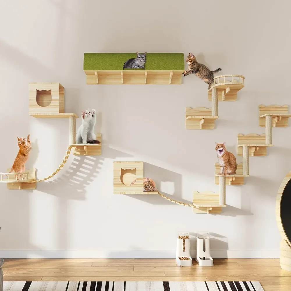 

Cat Wall Shelves and Perches for Wall, Solid Wood Wall Mounted Cat Furniture 18 Piece Set