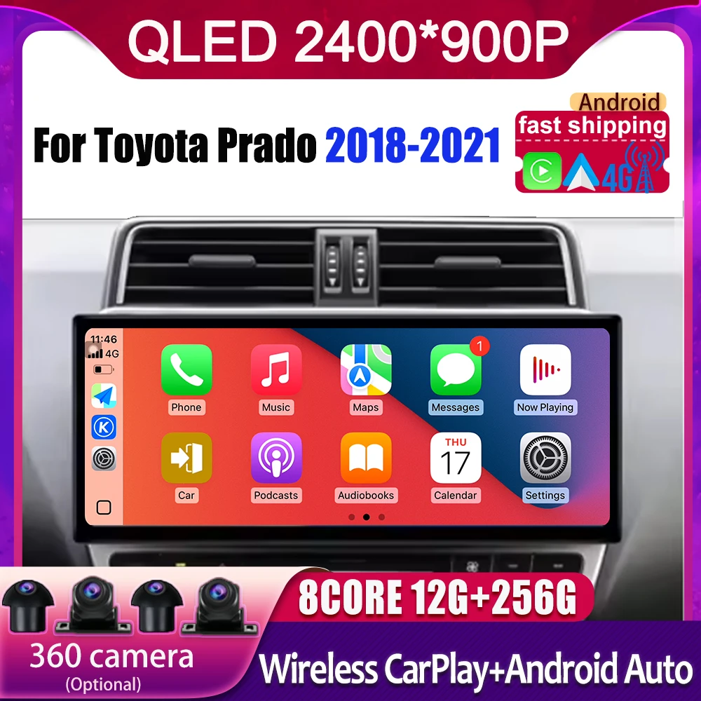 android 15 2400*900P 12.3 inch For Toyota Prado 2018-2021 car Multimedia radio Touch Screen GPS Android Auto Carplay BT 4G WIFI