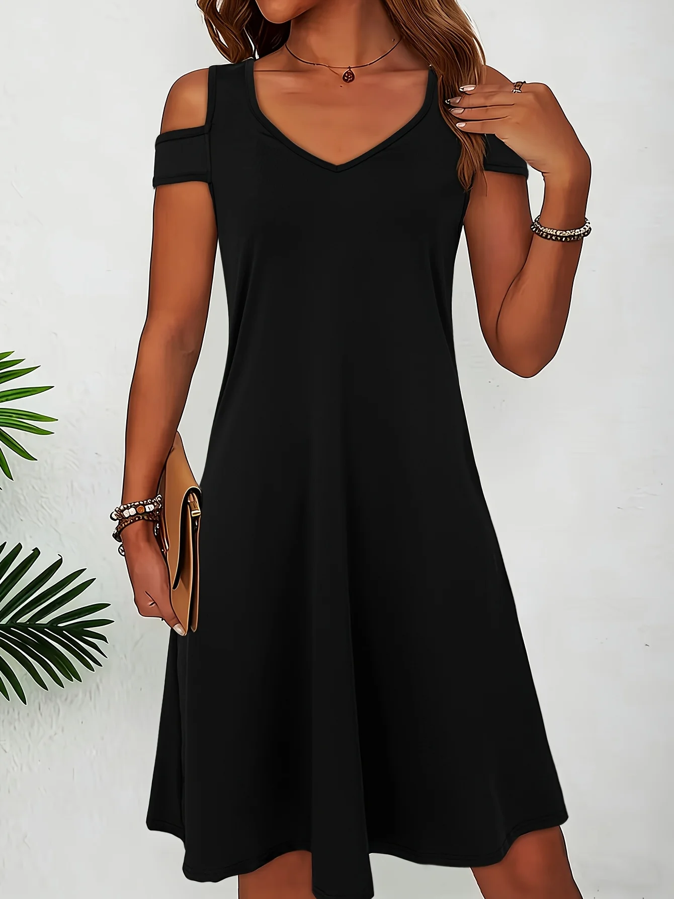 Schwarzes Cold-Shoulder-Kleid für Damen, Sommerkleid, lässig, V-Ausschnitt, kurze Ärmel, A-Linie, fließendes, schlichtes Sommerkleid – Detail 2