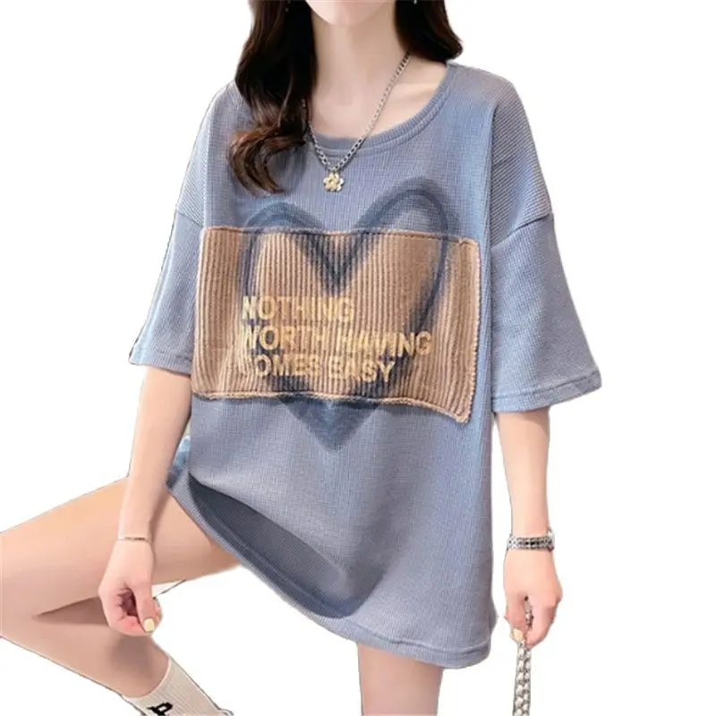 

Niche design Sense Short-Sleeved T-Shirt Women's Summer Clothes Loose Large Size Medium Length Waffle Top