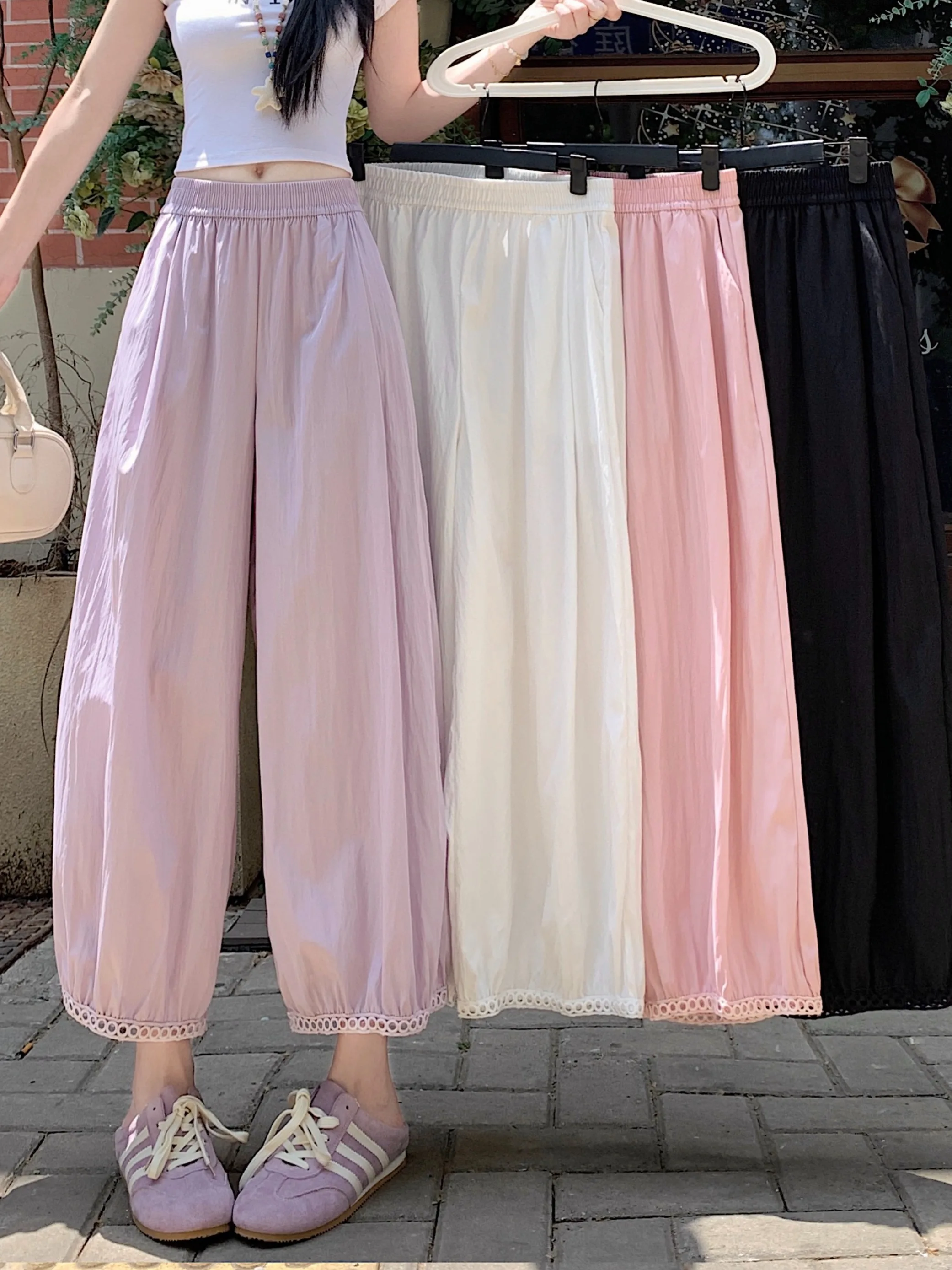 

High Waist Wide Leg Casual Pants Summer New Style Slimming Drapey Lantern Pants Nine Points Lace Slimming Versatile Casual Pants