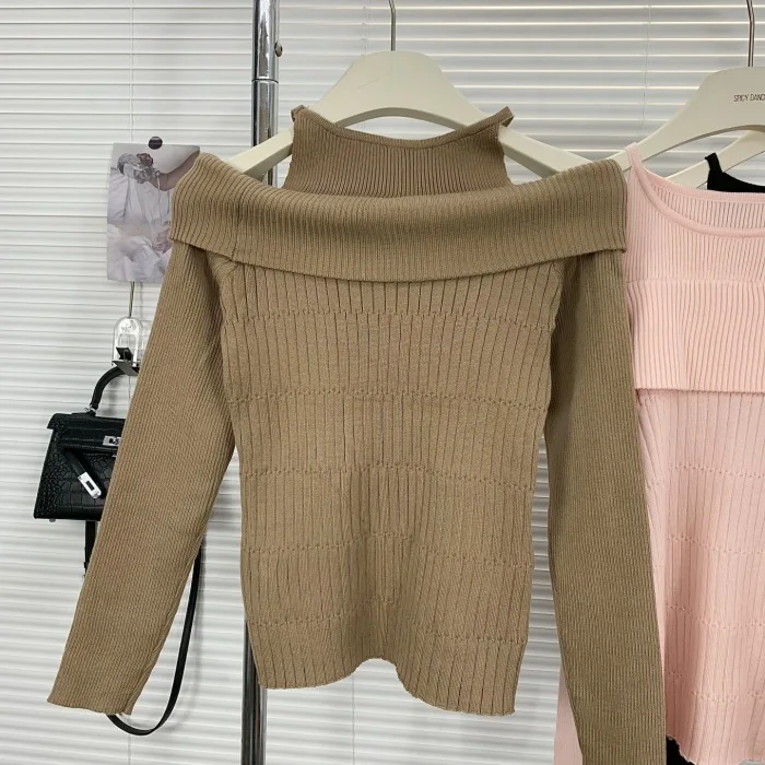 Autumn and winter temperament off shoulder long sleeved knitted sweater for women