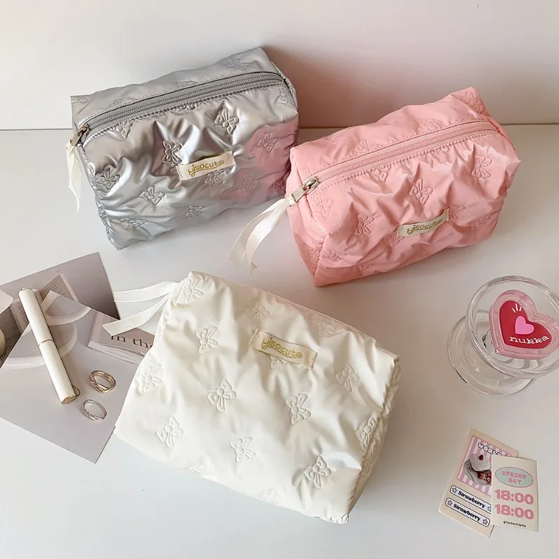 PU Cosmetic Bag Storage Compartment Bow Decoration Toiletry Bag Multi-function Zipper Makeup Handbag Makeup Storage 화장품 파우치 2025