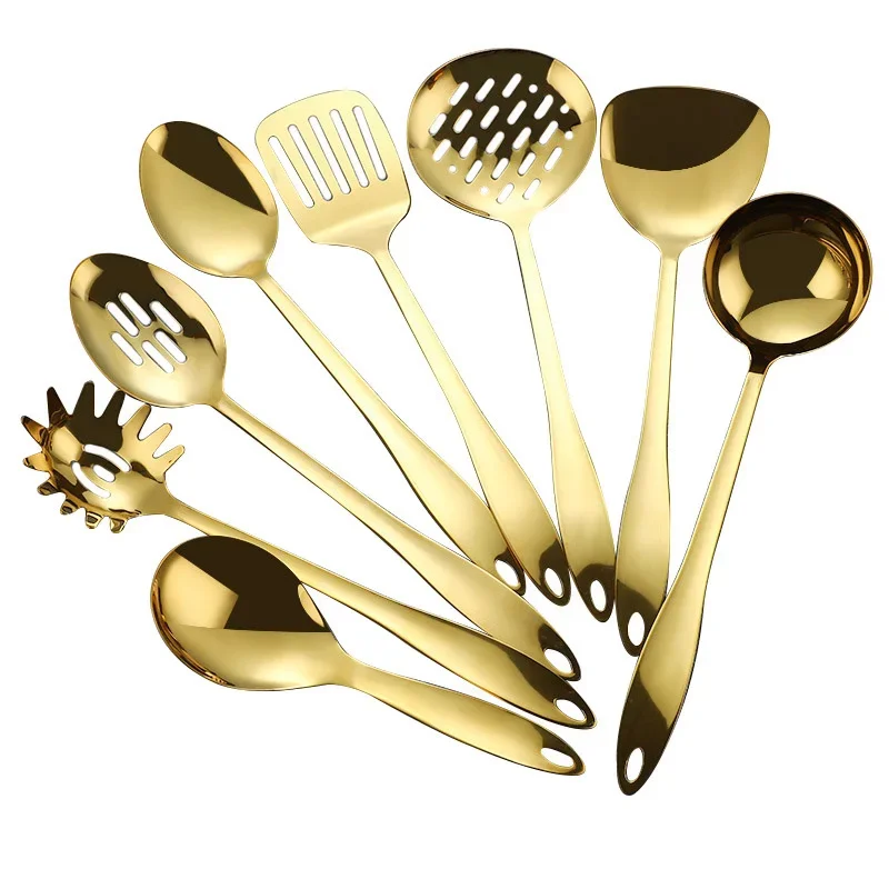 

8-Piece Stainless Steel Cooking Tools Set, Golden Kitchen Utensils - Turner Soup Ladle Strainer Spoon Pasta Server Cookware