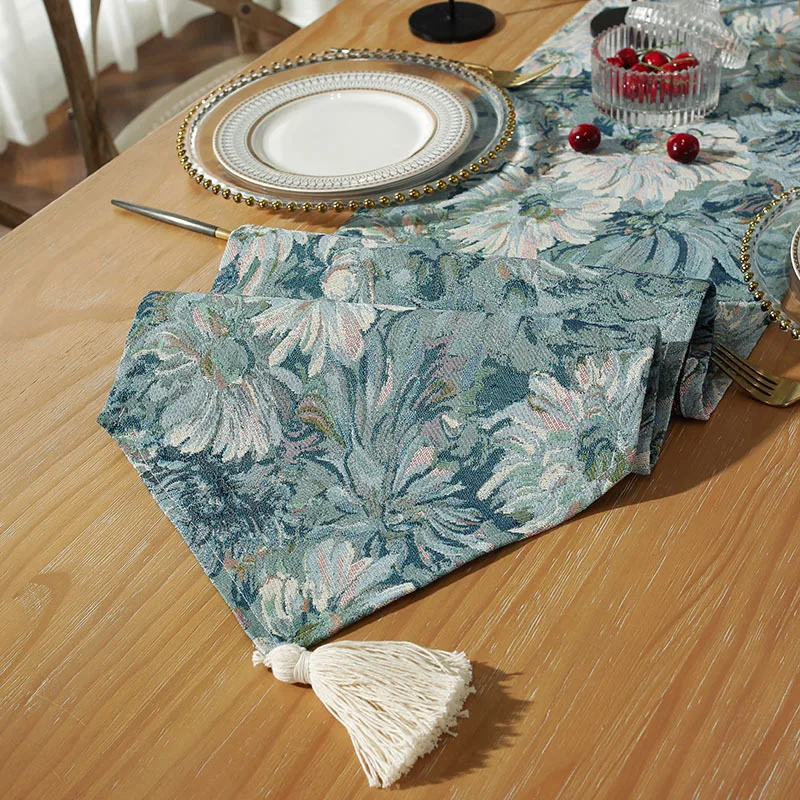 American Oil Painting Yarn-Dyed Table Runner Home Decoration Flower Cotton Thread Large Hanging Ear Long Strip Cover Table Cloth