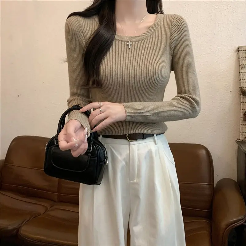 

Women's Long Sleeve Fleece Lined Thickened round Neck Pullover Base Shirt Korean Style Fashionable Small Size Inner Wear Autu...