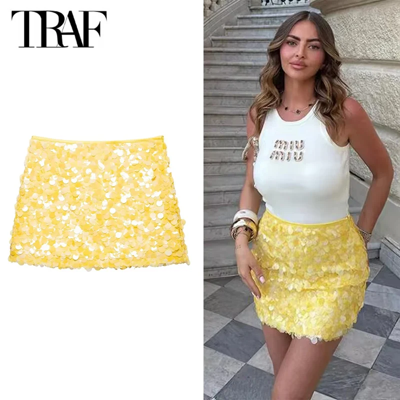 

TRAF 2023 летняя короткая юбка женская 2023 новая мода украшения с блестками элегантные мини-юбки для женщин шикарная вечерняя юбка