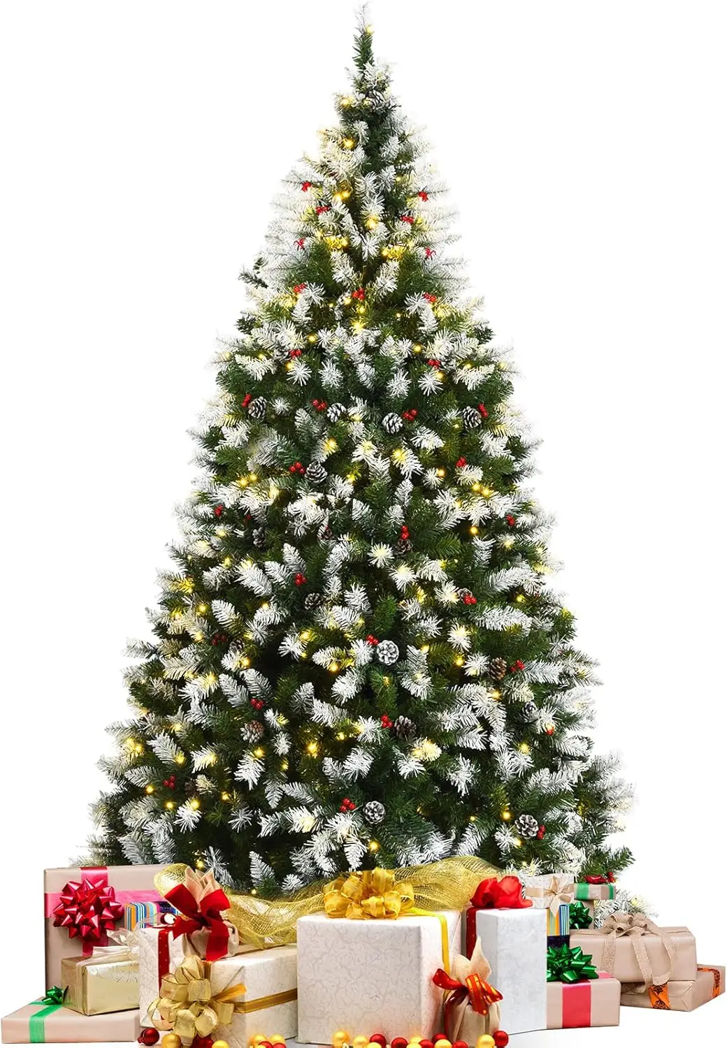 

7.5ft Snow Flocked Christmas Tree, Pre-lit Xmas Tree w/ 550 LED Lights, 8 Lighting Modes, Hinged Branches & Metal Stand,