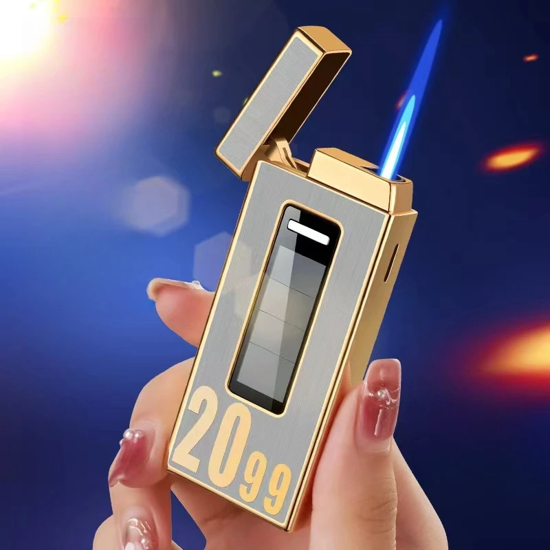 2023 Touch Sensitive Solar Rechargeable Lighter Metal Outdoor Windproof Butane Gas Lighter Turbo Torch Blue Flame Jet Lighters