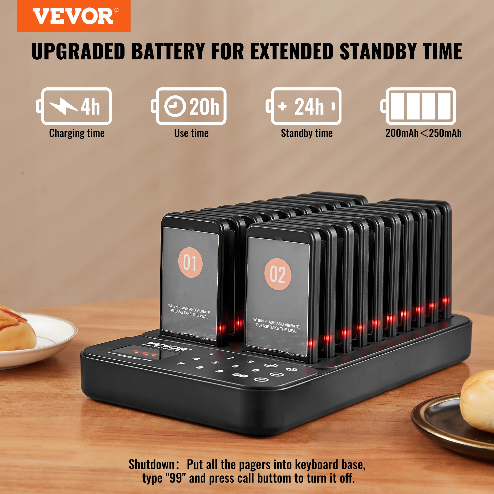 VEVOR 20 Buzzers Restaurant Pager System Wireless Range Waiting Pager Signal Customer Calling Beeper with Vibration Flashing