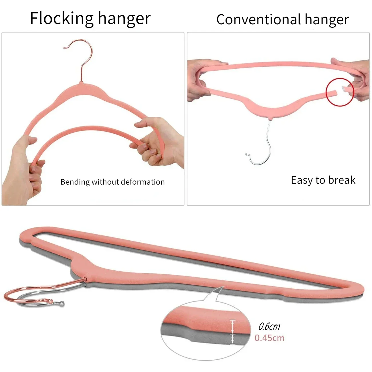 17 In Adult Rose Gold Hook Flocked Clothes Hanger, Plastic Non-slip Velvet Clothes Hanger, Drying Rack Bedroom Storage Rack.