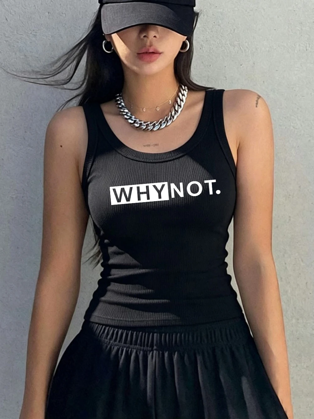 Why Not Letter Printed Vest Summer Y2K Womens Cotton Tank Tops Korean O-Neck Soft Ribbed Knit Sleeveless Sporty Slim Singlet