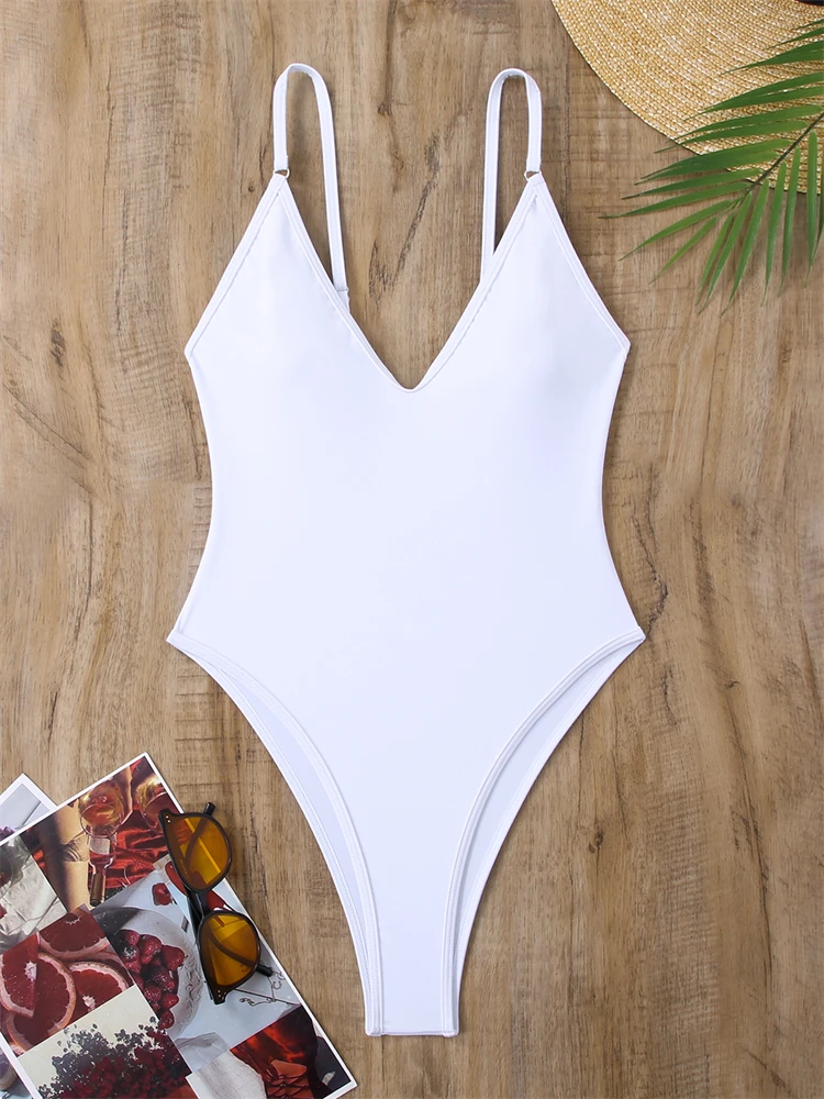 One Piece Swimsuit Women 2024 New Solid Sling V Neck Sexy Bodysuit Monokini Swimwear Summer Backless Beach Bathing Suit Female