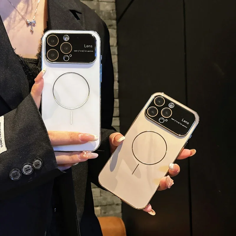 

Luxury Large Glass Window for Magsafe Case For iPhone17 16 15 14 Pro Max Plating Magnectic Wireless Charging Cover