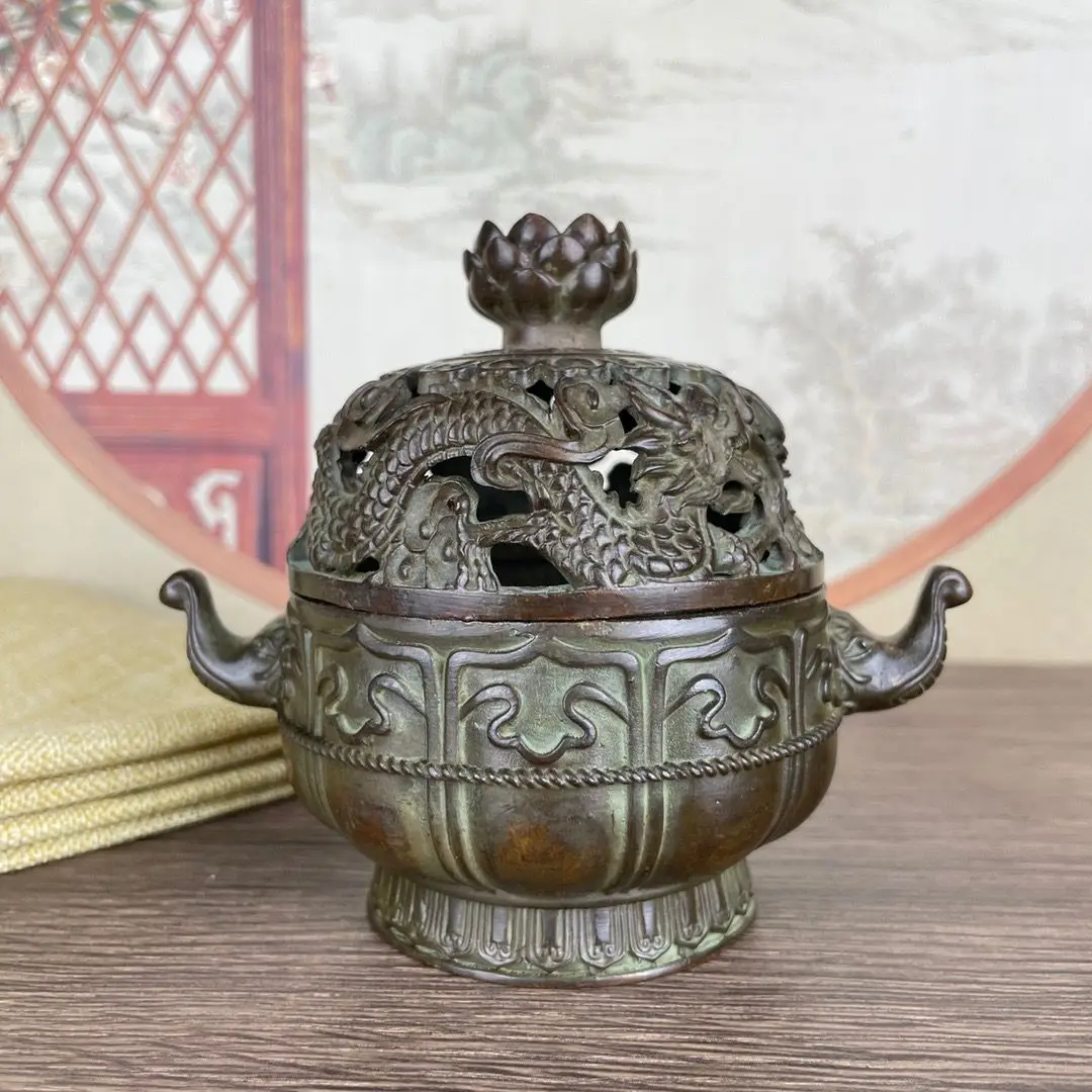 Double ears, elephant trunk ears, double dragon cover lotus Incense Burner Statue for Tea Home Decor Ornaments