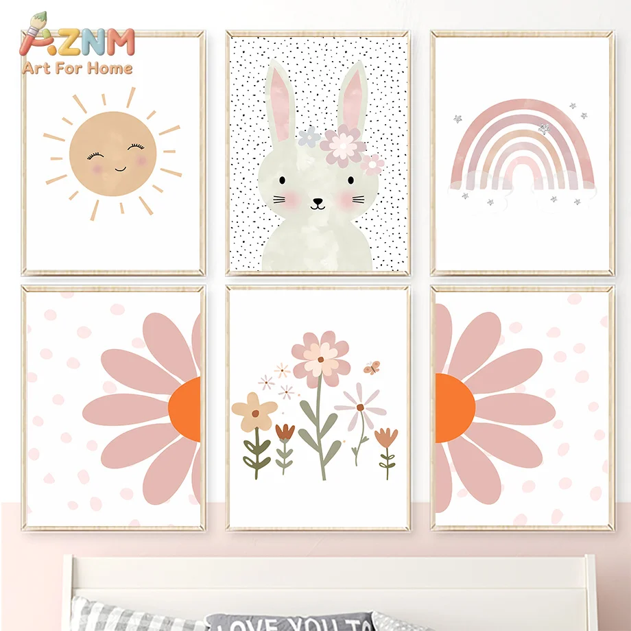 AZNM Blush Pink Boho Bunny Canvas Print Smiling Sun Pastel Rainbow Daisy Floral Cute Girls Nursery Unframed Wall Poster Decor Ar