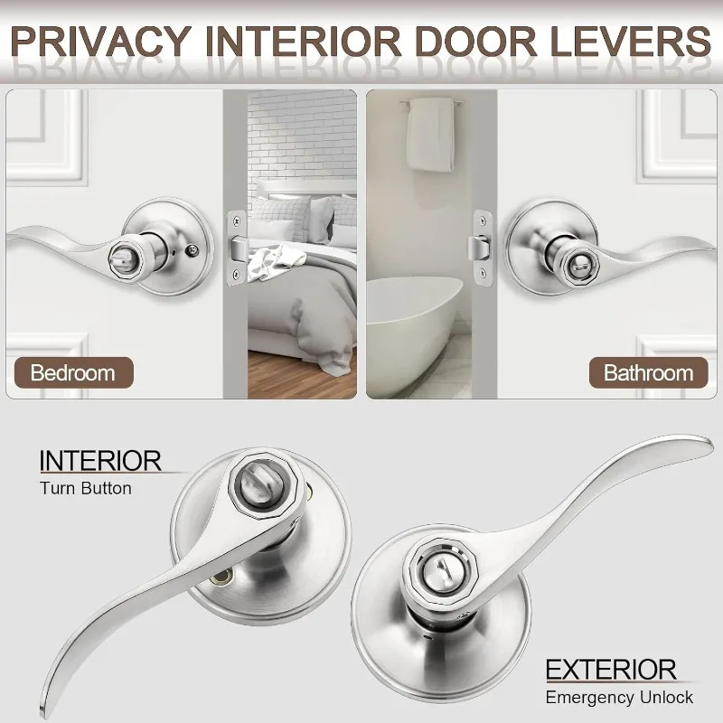 10 Pack Brushed Nickel Door Handles Privacy Door Levers, Heavy Duty Bed and Bath Door Locks Interior Door Knobs, Reversible