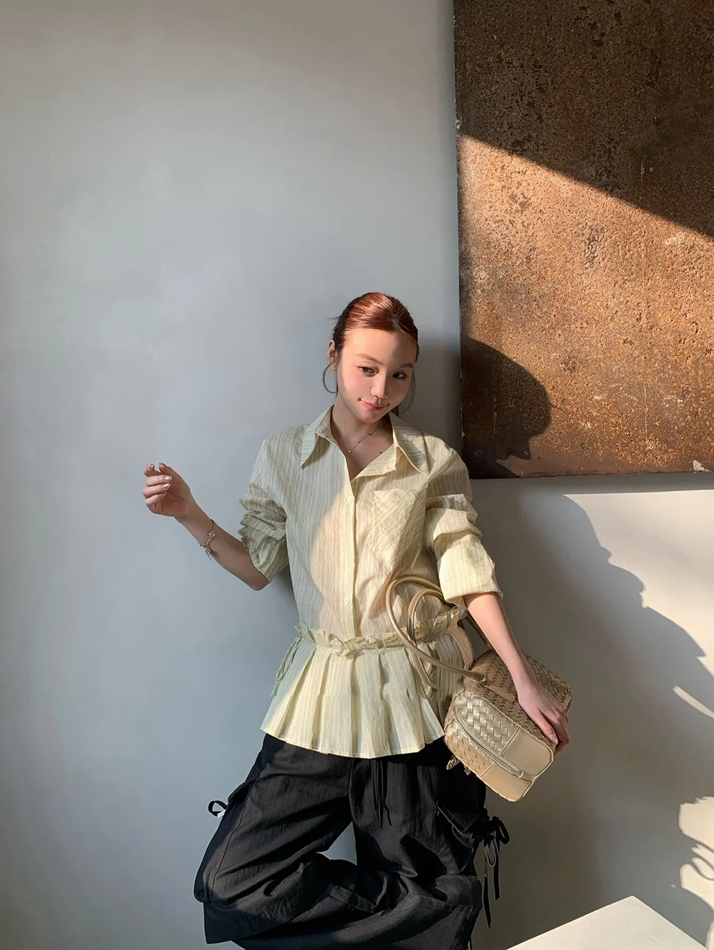 

Slimming Stripe Casual Women's irt NUMIND Design Korean Sle Cotton Polyester Loose Fit Long Sve Detachable Pleat Spri...