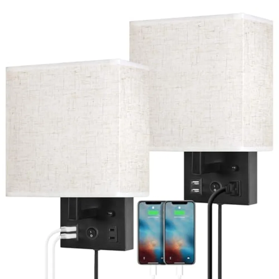 Bedside Wall Lamp Set of 2 Plug in Wall Sconce with USB Charging Port and AC Outlet Modern Black Brushed Nickel Wall Light with