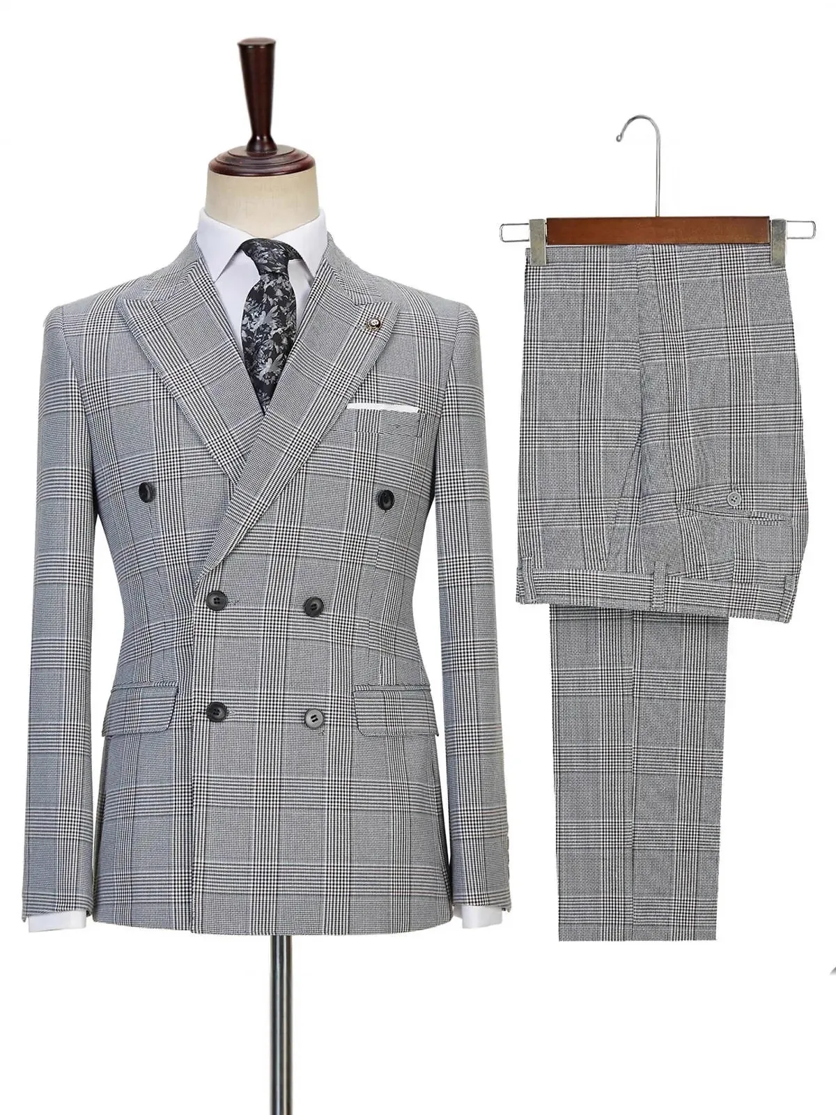 

Graceful Men's small plaid suit; double-breasted suit set High Quality 2-piece Men's Suit ( Blazer+Pants ) Performance outfit
