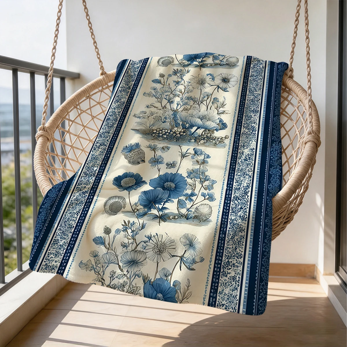 Blue White Floral Shells Flannel Blanket Warm Soft Halloween Christmas Couch Warm Cozy Decorative Decor Gift for All Season