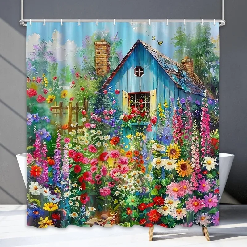 Blue No Drill Shower Curtain Floral Garden Oil Painting Print Bathroom Decor with 12 Hooks Waterproof Polyester Fabric