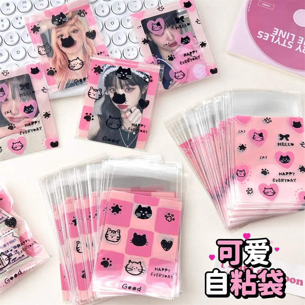 10pcs/lot Kawaii Cartoon Kpop Idol Photocard Holder Black Pink Color Cat Picture Card Cover Case Cute DIY Decor ID Card Holder