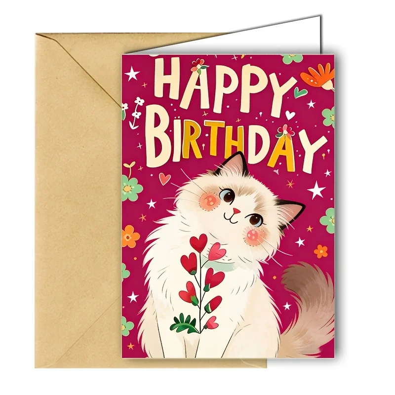 1 pièce Carte d'anniversaire à thème chat mignon, chat blanc dansant à thème rouge, pour célébrer un joyeux anniversaire