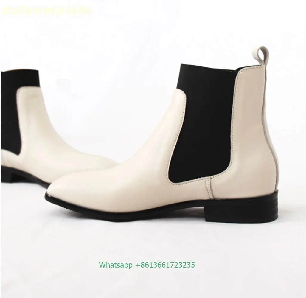 

Women Genuine Leather Chelsea Ankle Boots Stretch Fabric Slip On Fashion Office & Career Boots 2025 Winter Flats Heels Boots