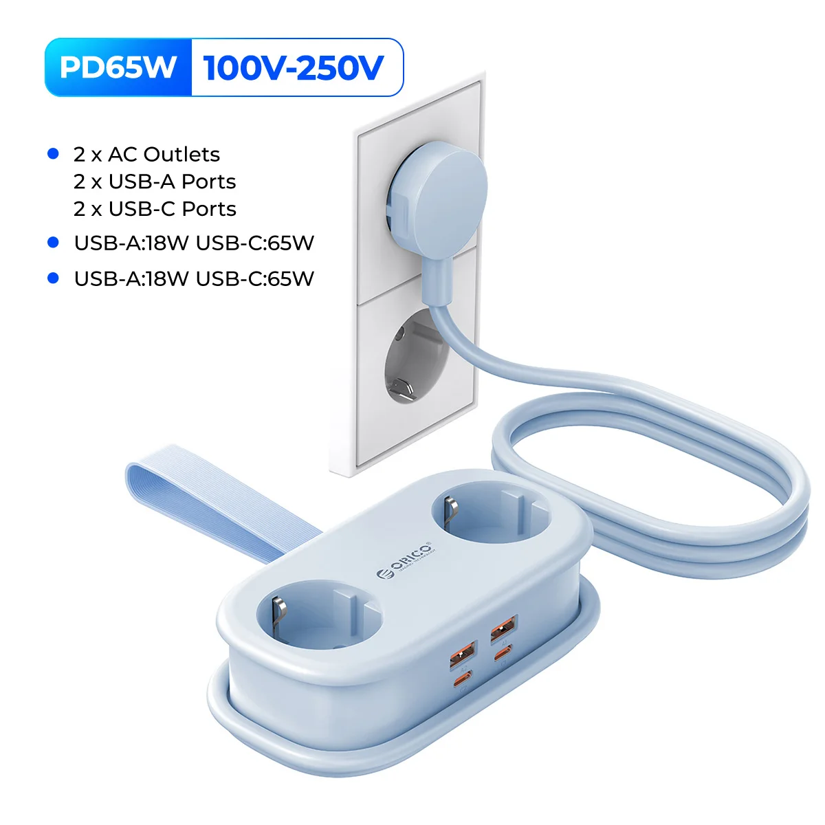 ORICO Cable-Wrap Draagbare reisstekkerdoos 65 W GaN snellaadstation met 2 stopcontacten 2 USB 2 Type-C EU-stekkeradapter Thuis
