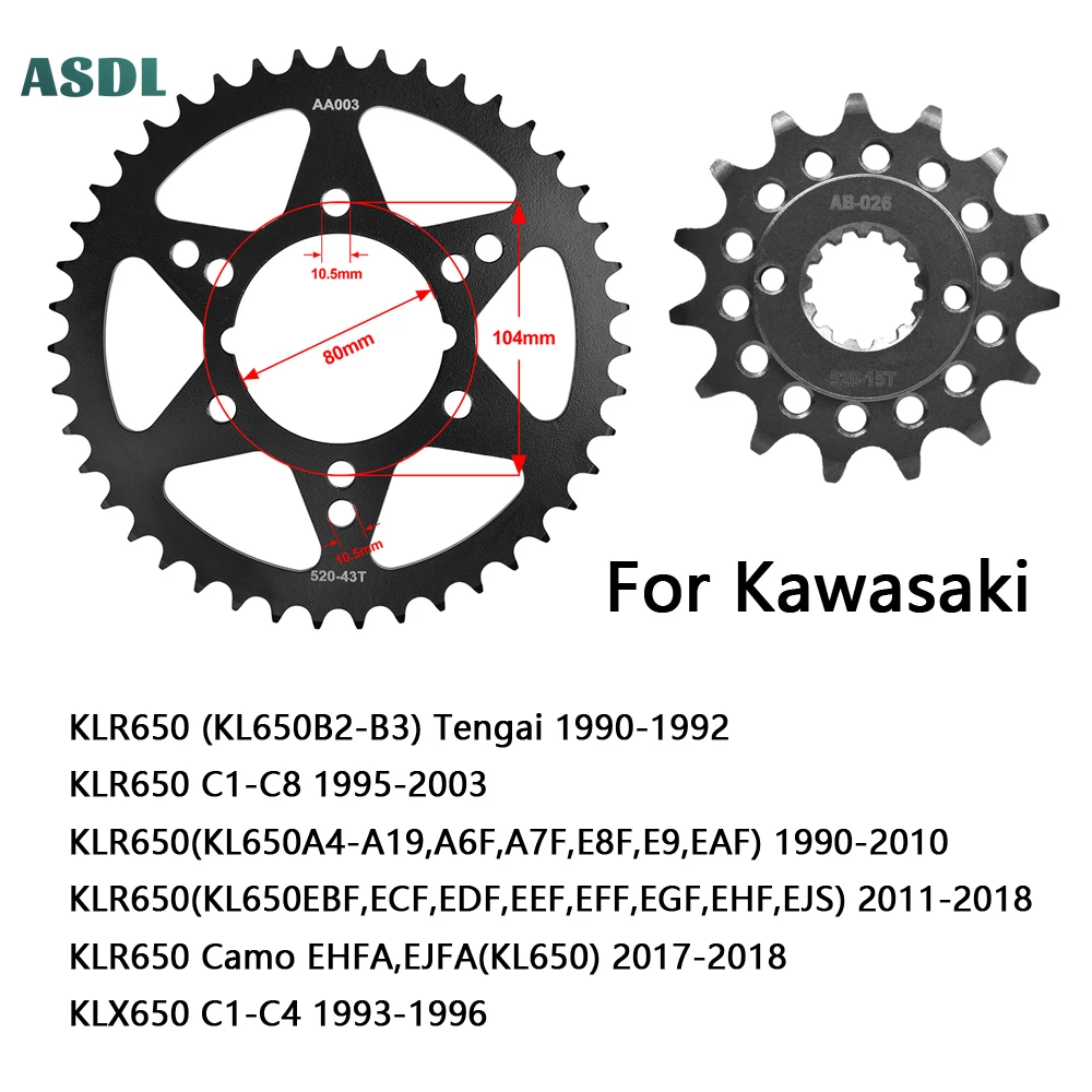 

520 43T 15T Motorcycle Front and Rear Sprockets For Kawasaki KLR650 Tengai 90-92 KLR650 C1-C8 1995-2003 KL650A4-A19 90-10 KLX650