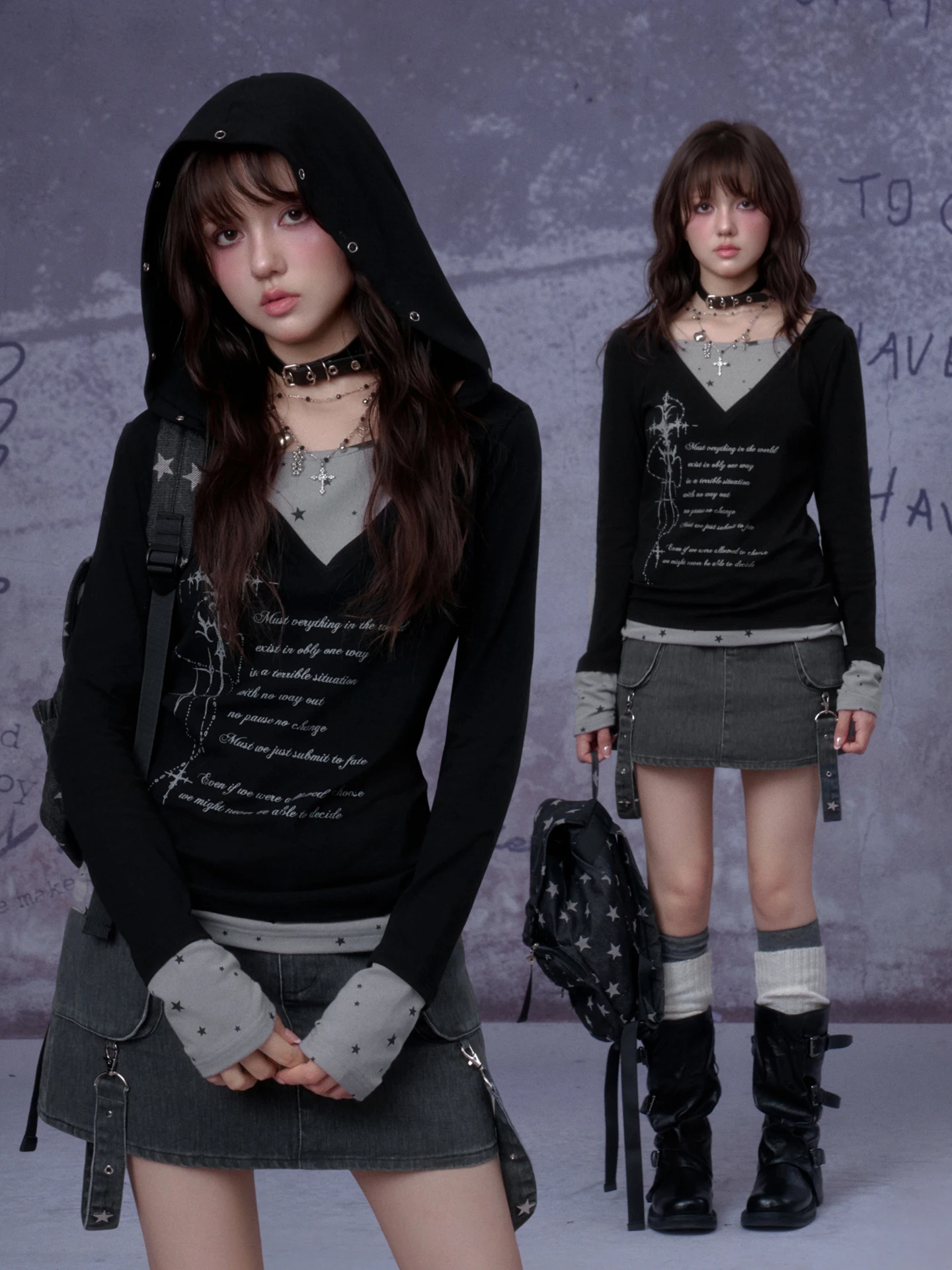 

SagiDolls Cool Spicy Girl Bla Hoodie T-irt fiti Print Two-Piece Look Stand Fit Cotton Blend Long Sve Ciwalk