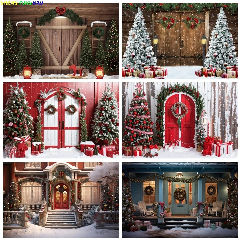 

Christmas Red Barn Door Photography Backdrop Vintage Wooden Farmhouse Snowy Xmas Trees Famliy Holiday Party Photocall Background